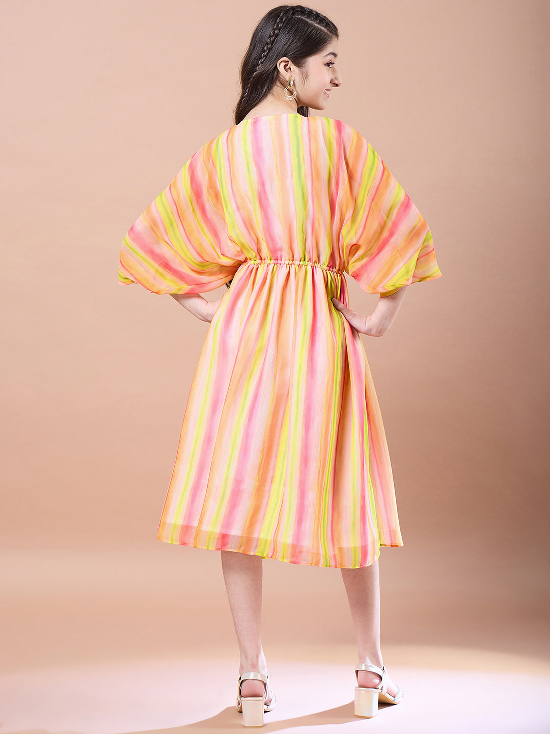 Girls Striped Georgette V-Neck Kimono Sleeves A-Line Midi Dress - PS Peaches