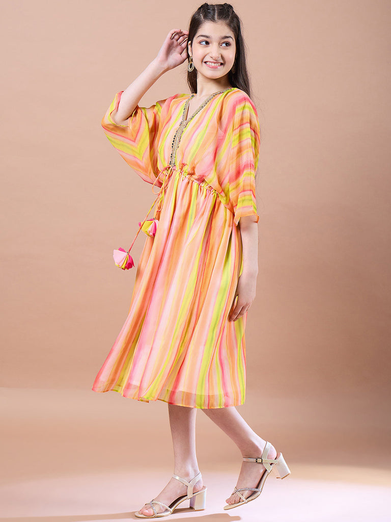 Girls Striped Georgette V-Neck Kimono Sleeves A-Line Midi Dress