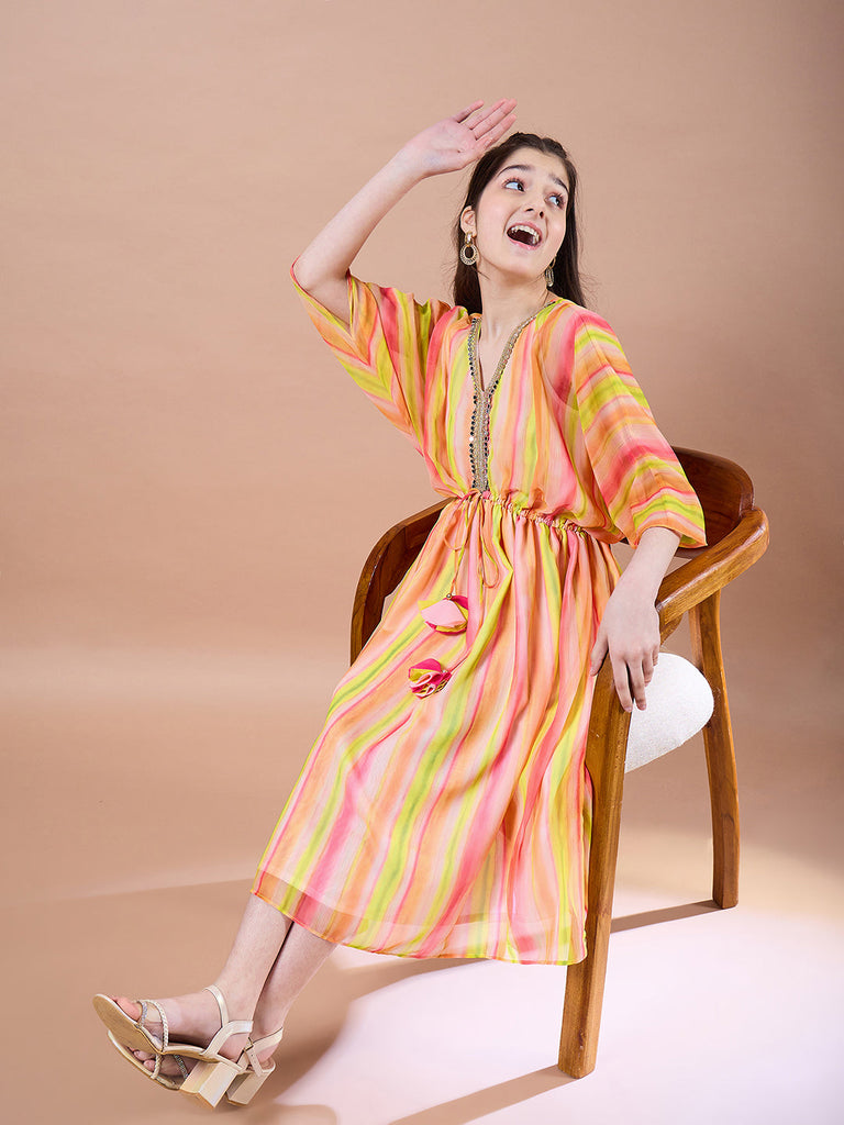 Girls Striped Georgette V-Neck Kimono Sleeves A-Line Midi Dress
