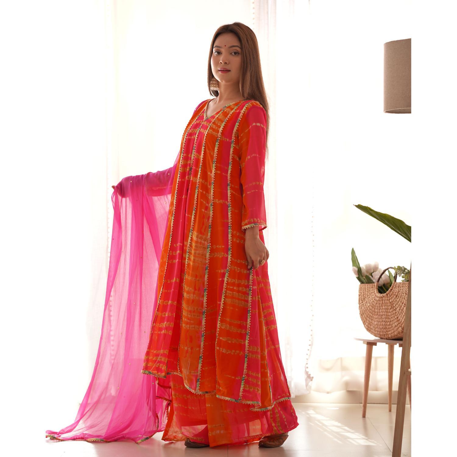 Women's Magenta And Orange Tie & Dye Anarkali Palazzo Set With Dupatta - Rangpur