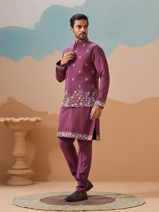 Men's Dusty Purple Viscose Silk Multi Thread With Sequence Embroidered Work Kurta Set