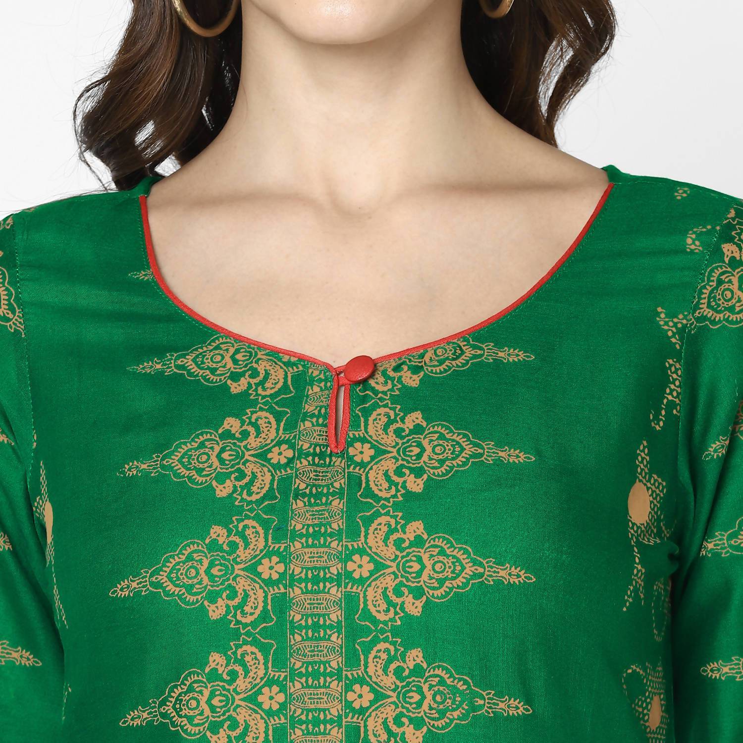 Women's Bottle Green 100% Cotton Hand Block Print Straight Kurta Only