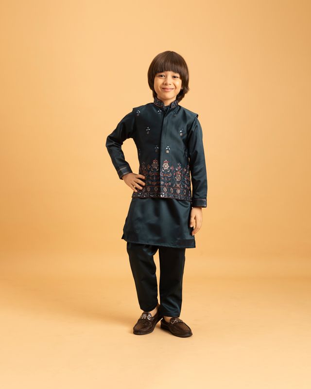 Boy's Dark Green Malai Satin Kurta Set