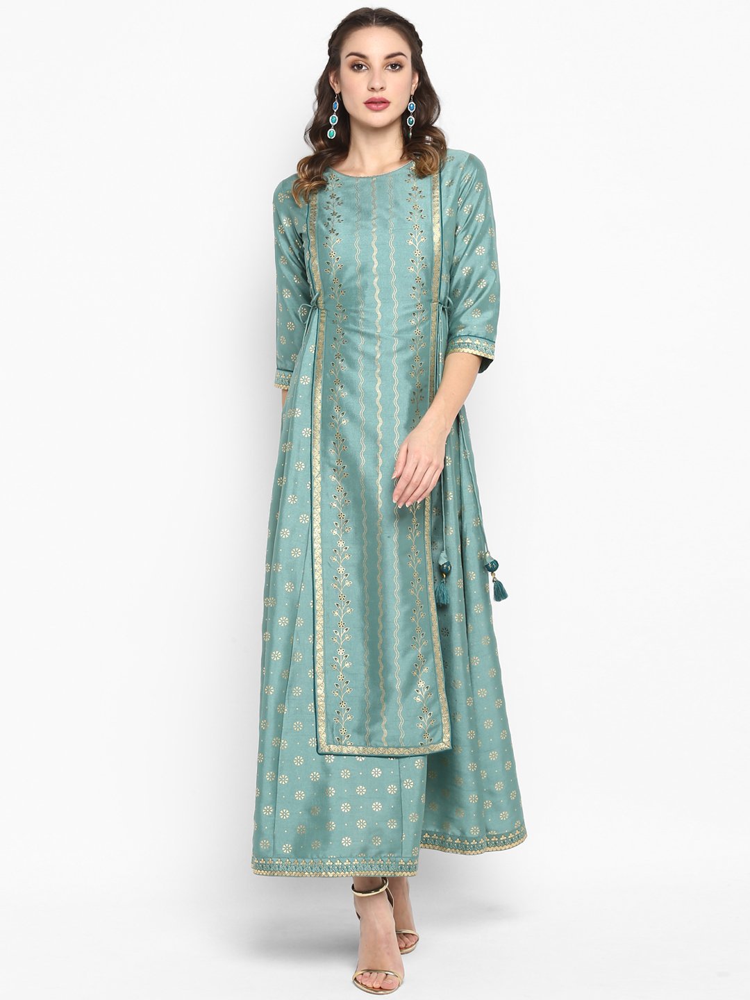 Women's Light Green Poly Silk Ethnic Dre
