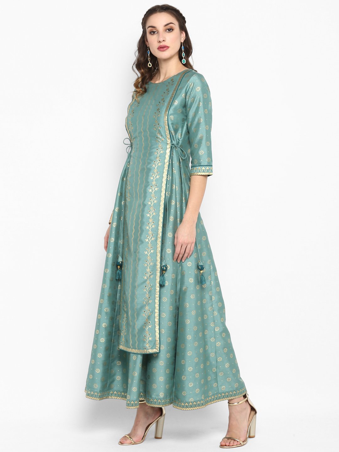 Women's Light Green Poly Silk Ethnic Dre