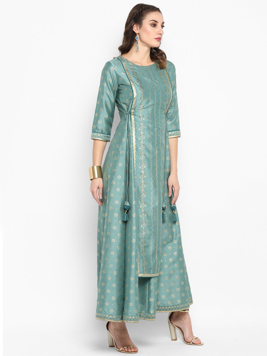 Women's Light Green Poly Silk Ethnic Dre