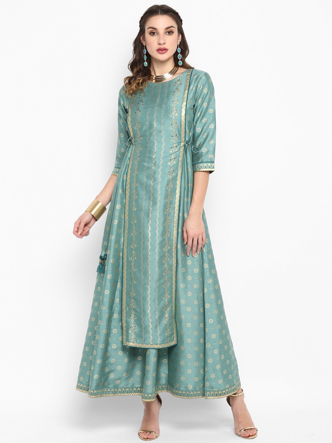 Women's Light Green Poly Silk Ethnic Dre