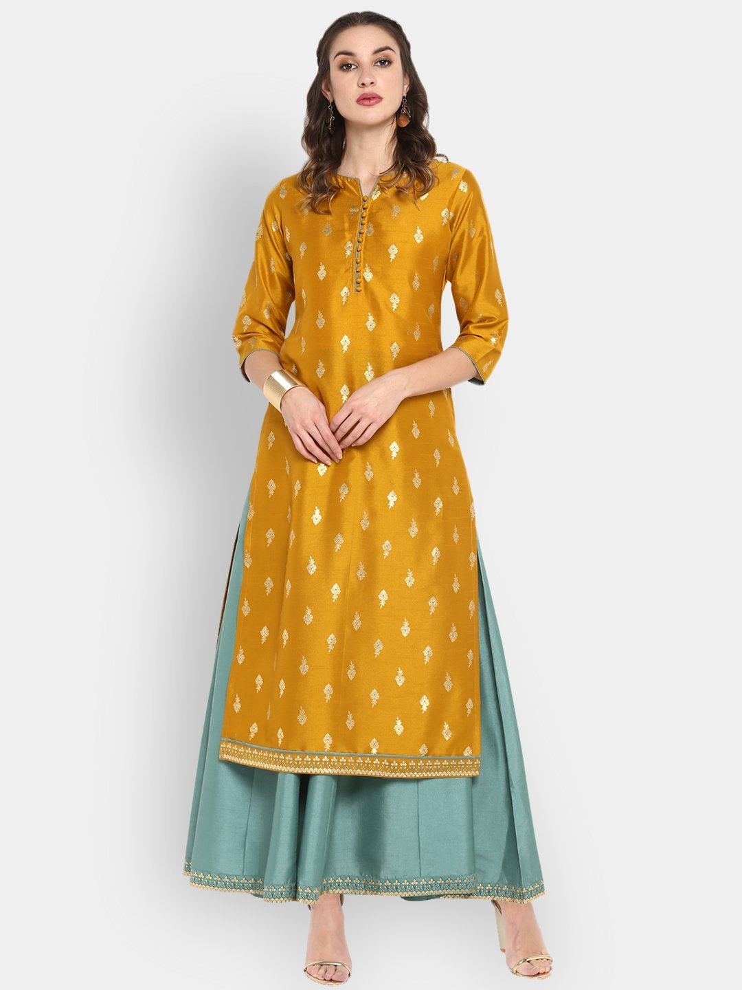 Women's Mustard Poly Silk Ethnic Dress Set