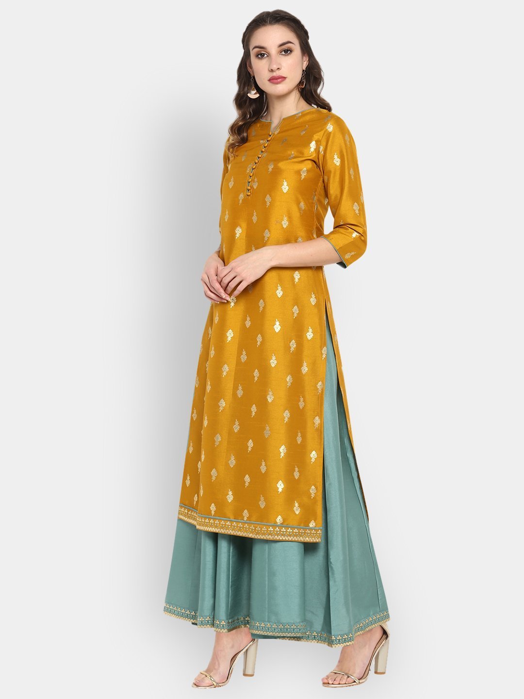 Women's Mustard Poly Silk Ethnic Dress Set