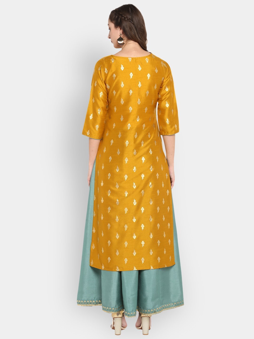 Women's Mustard Poly Silk Ethnic Dress Set