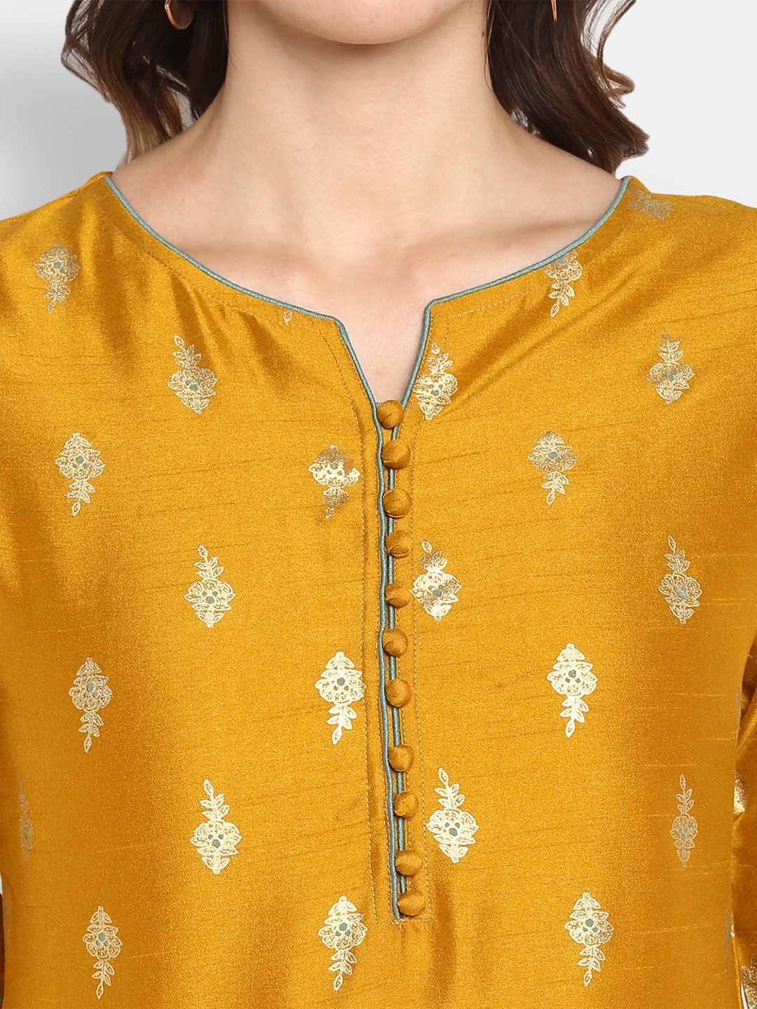 Women's Mustard Poly Silk Ethnic Dress Set