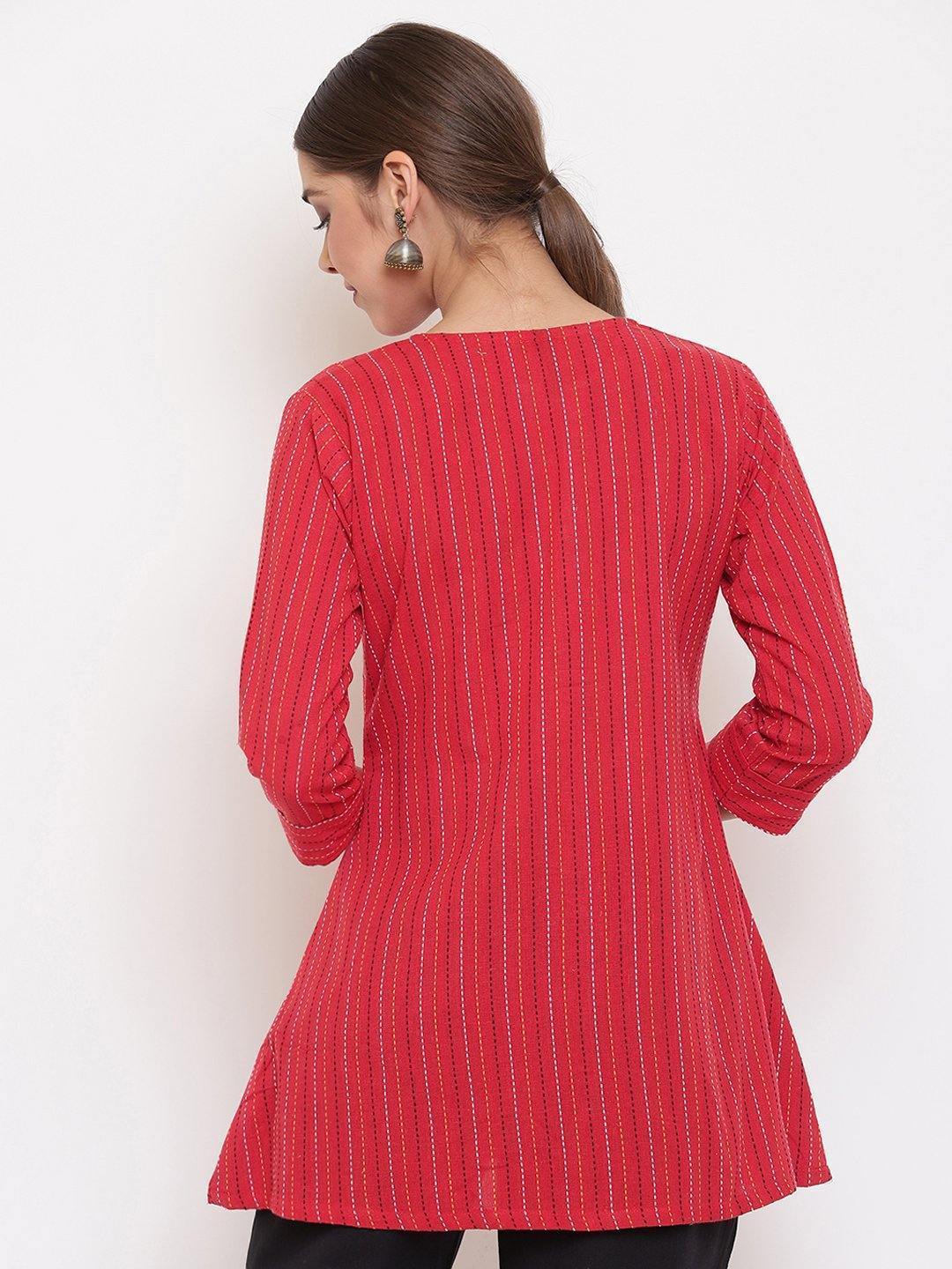 Women's Red Weaved Cotton T