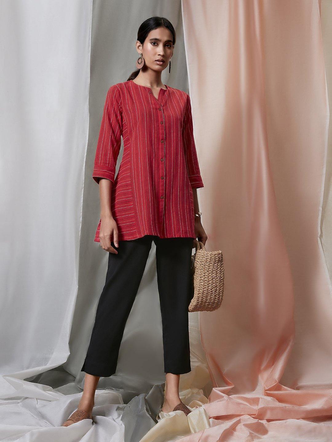 Women's Red Weaved Cotton Top-Janasya USA