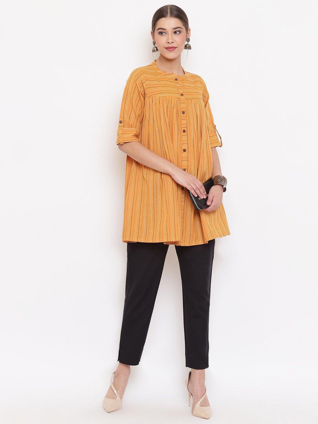 Women's Mustard Cotton Woven Design Gathered Product Type-Tops - Final Clearance Sale