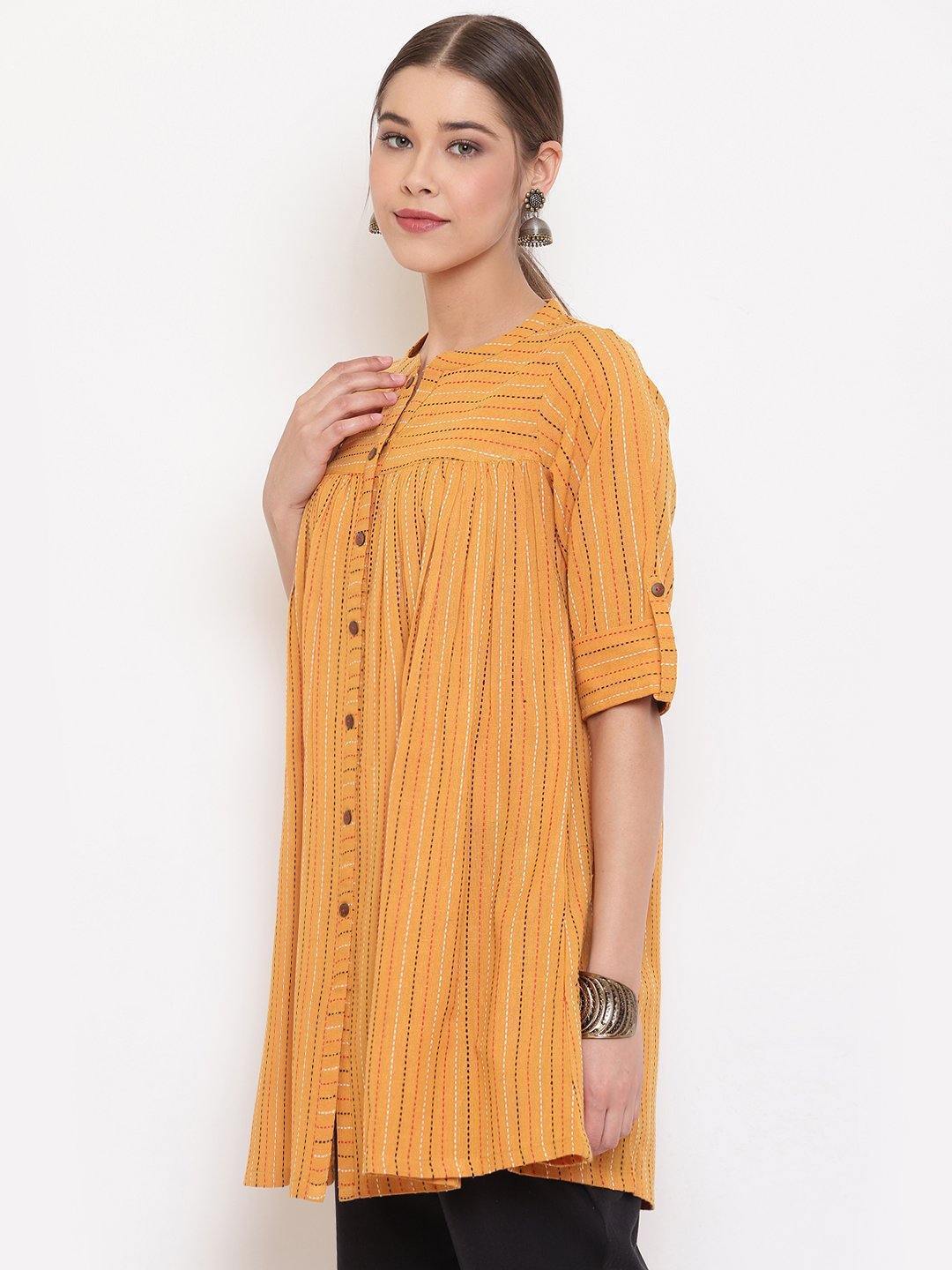 Women's Mustard Cotton Woven Design Gathered Product Type-Tops - Janasya USA