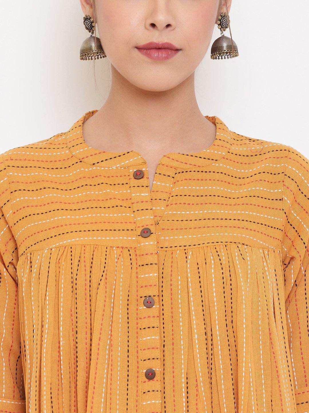 Women's Mustard Cotton Woven Design Gathered Product Type-Tops - Janasya USA