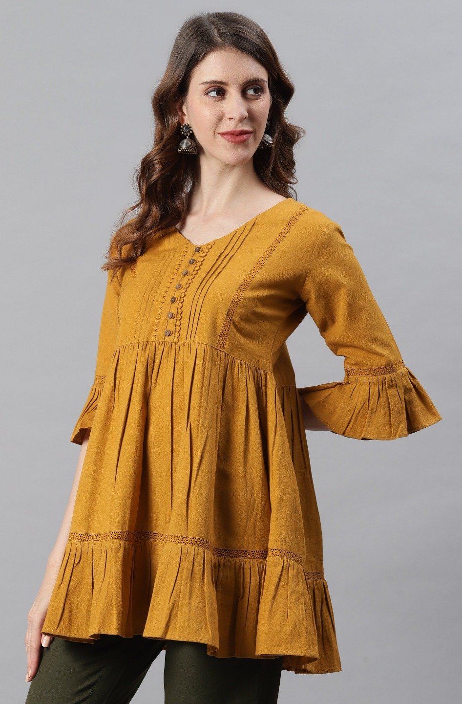 Women's Mustard Cotton Flex Tunic-Janasya USA
