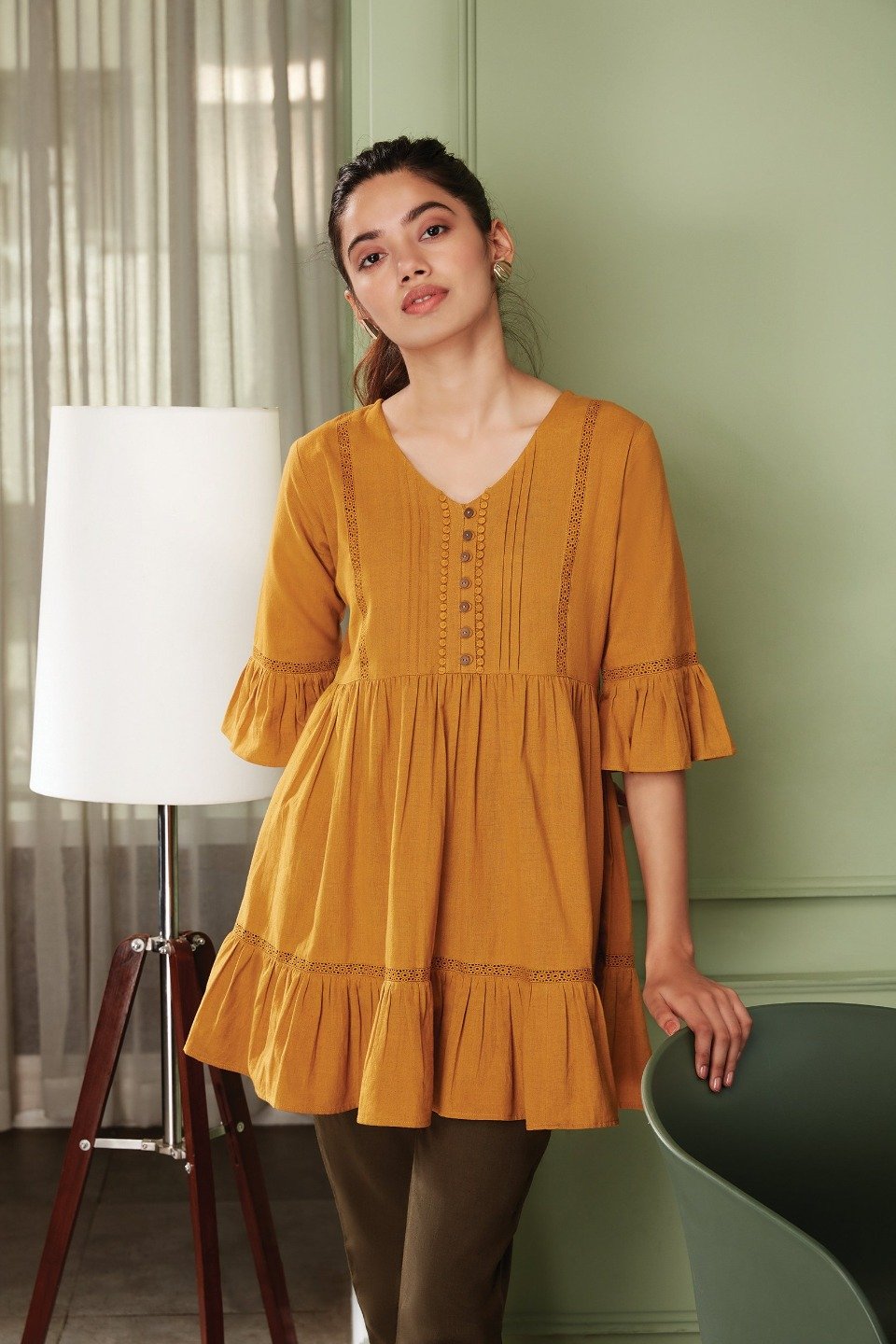 Women's Mustard Cotton Flex Tunic-Janasya USA
