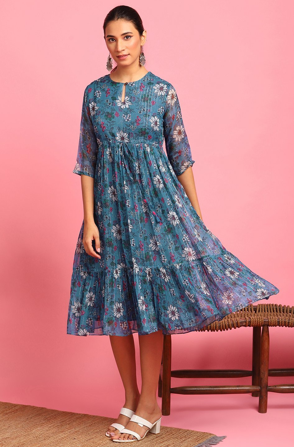 Women's Blue Poly Georgette Western Dress-Janasya USA