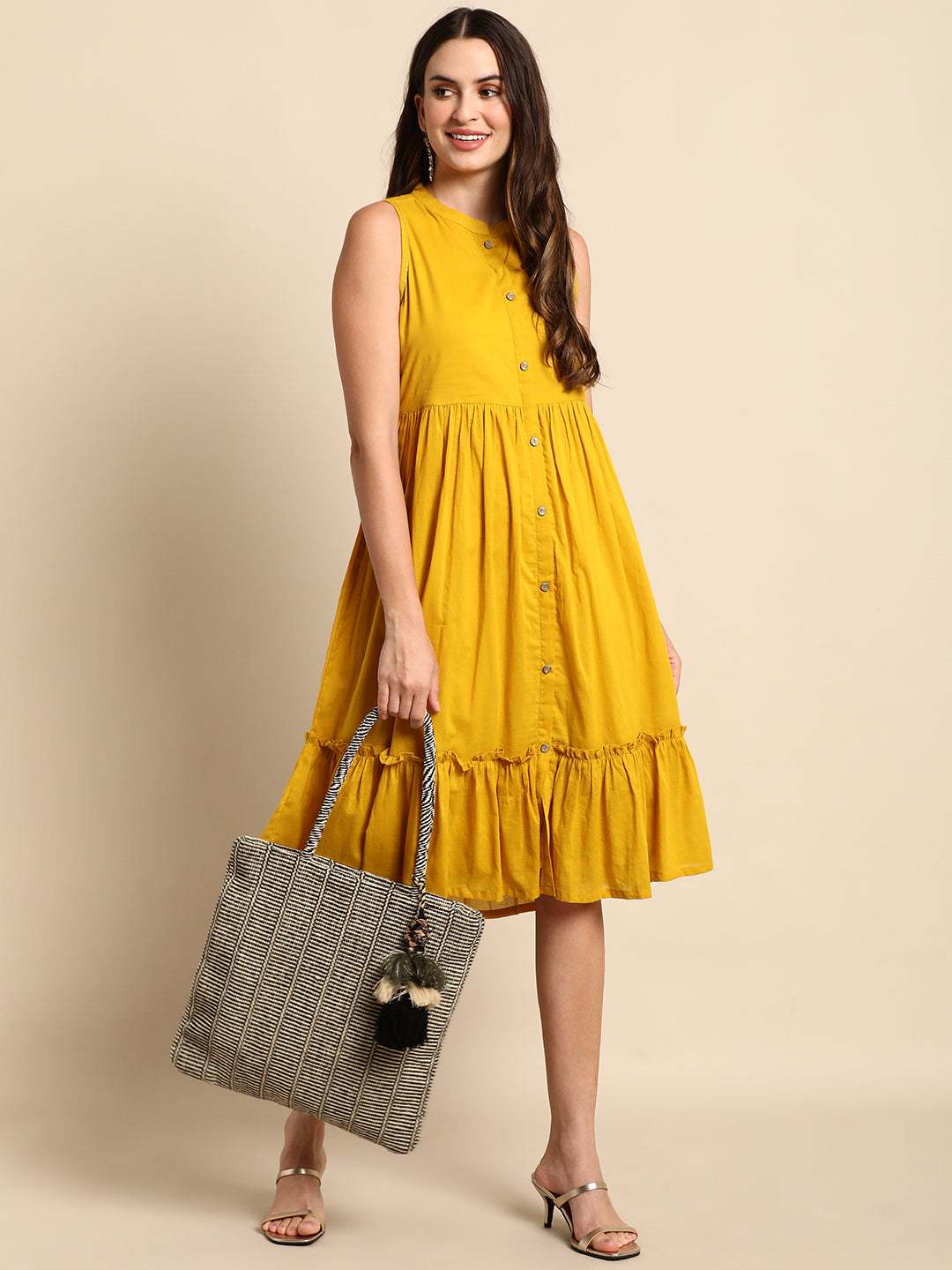 Women's Solid Mustard Cotton Dress