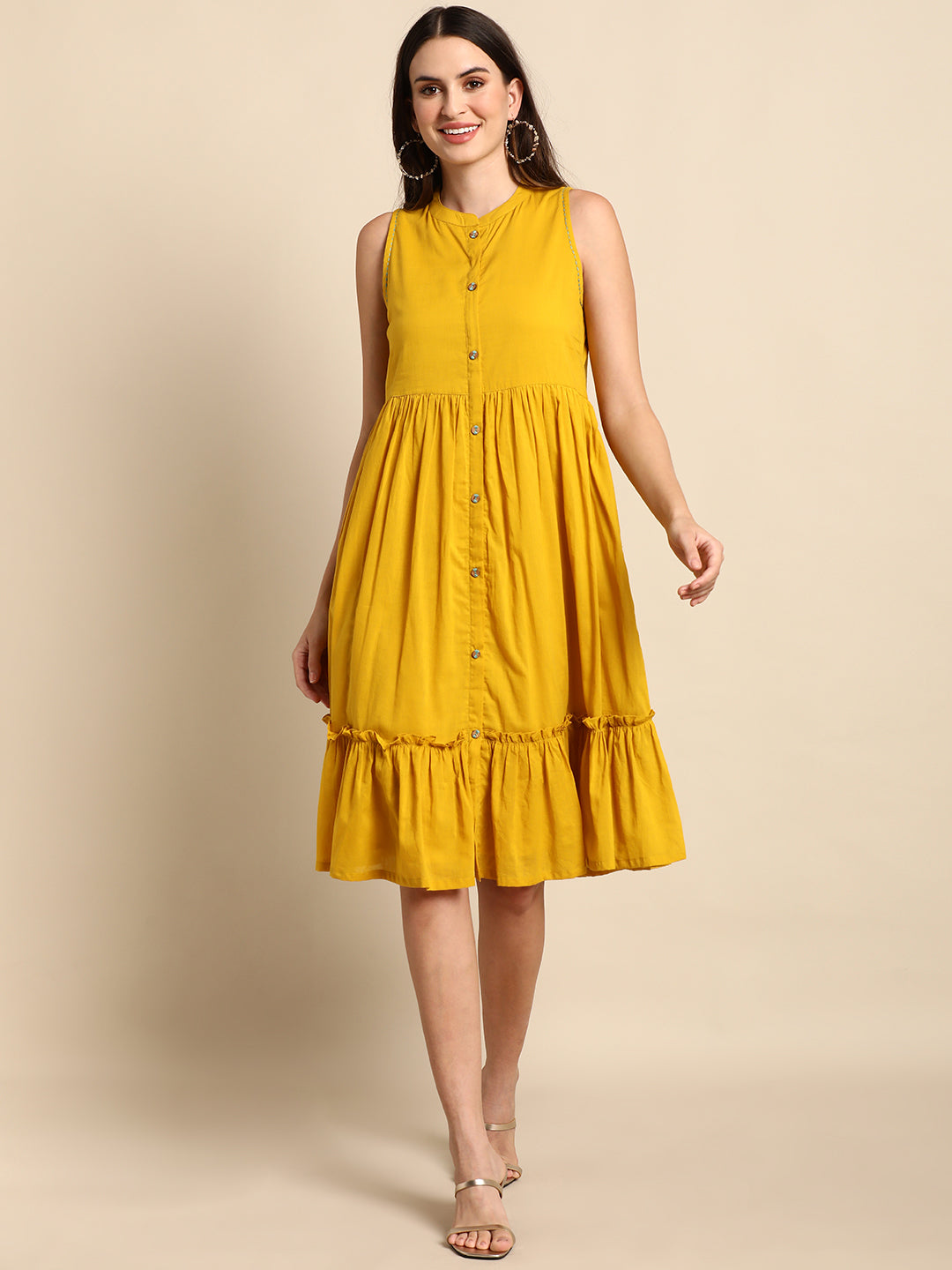 Women's Solid Mustard Cotton Dress