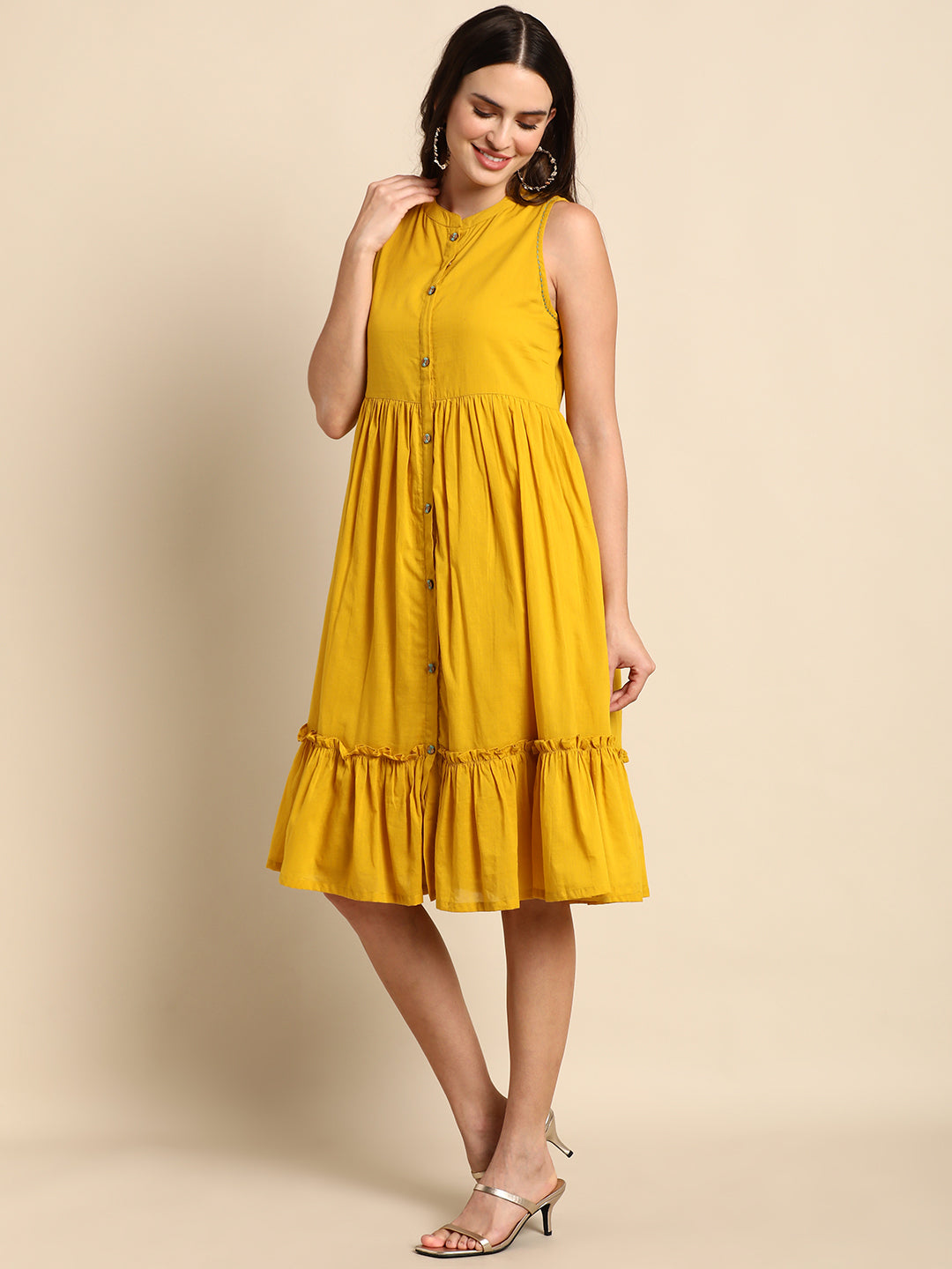 Women's Solid Mustard Cotton Dress