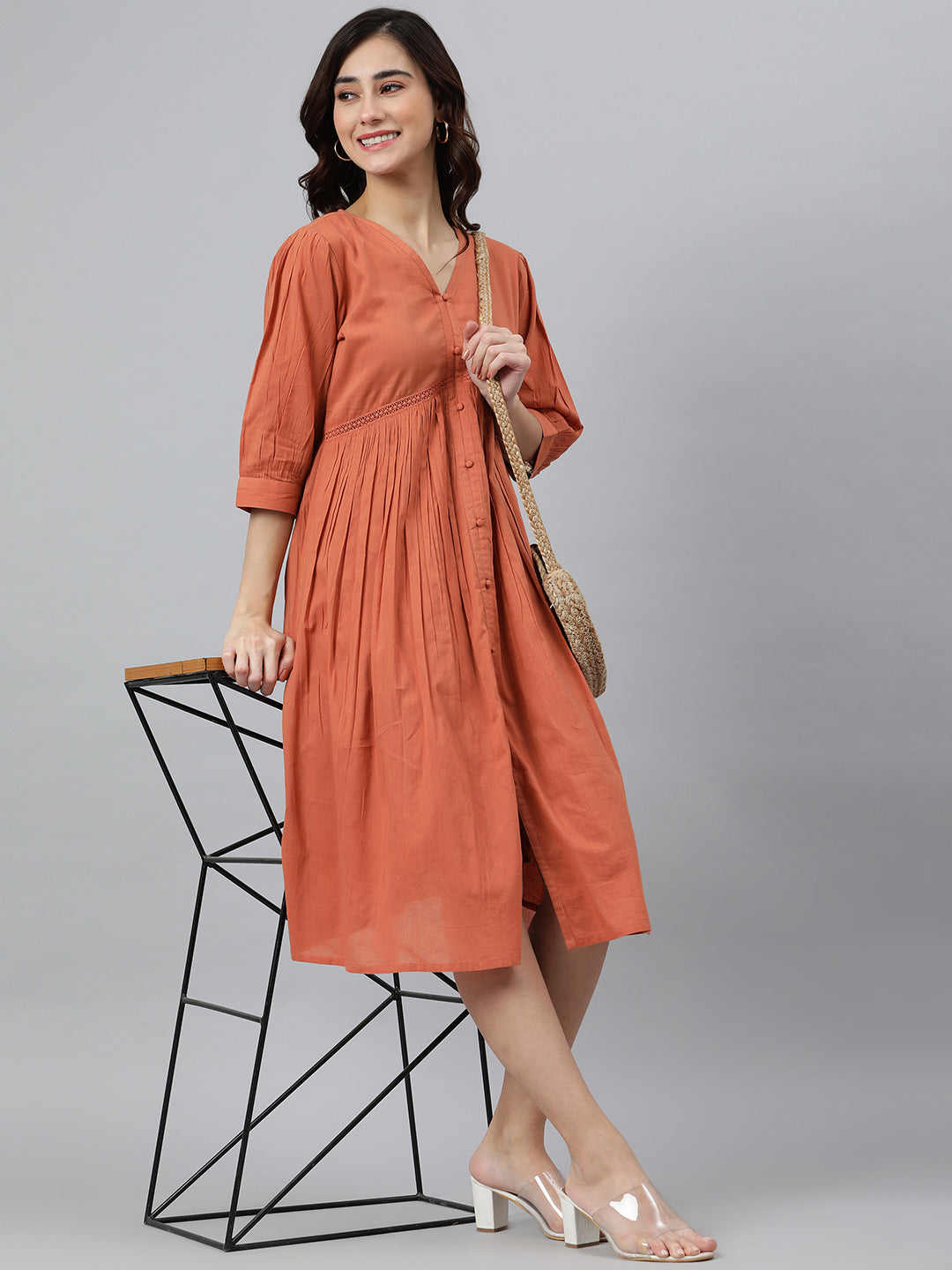 Women's Solid Coral Orange Cotton Dress
