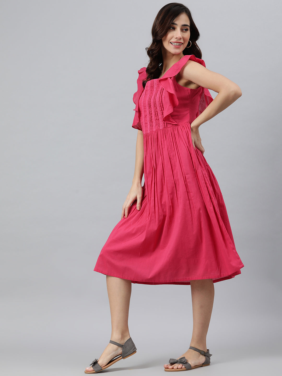 Women's Solid Pink Cotton Dress - Janasya USA