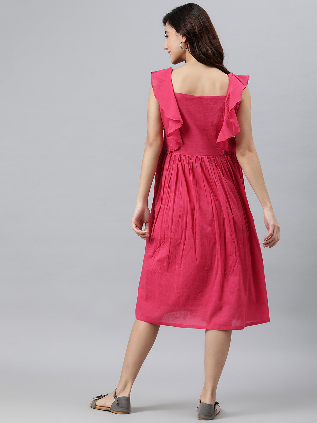 Women's Solid Pink Cotton Dress - Janasya USA