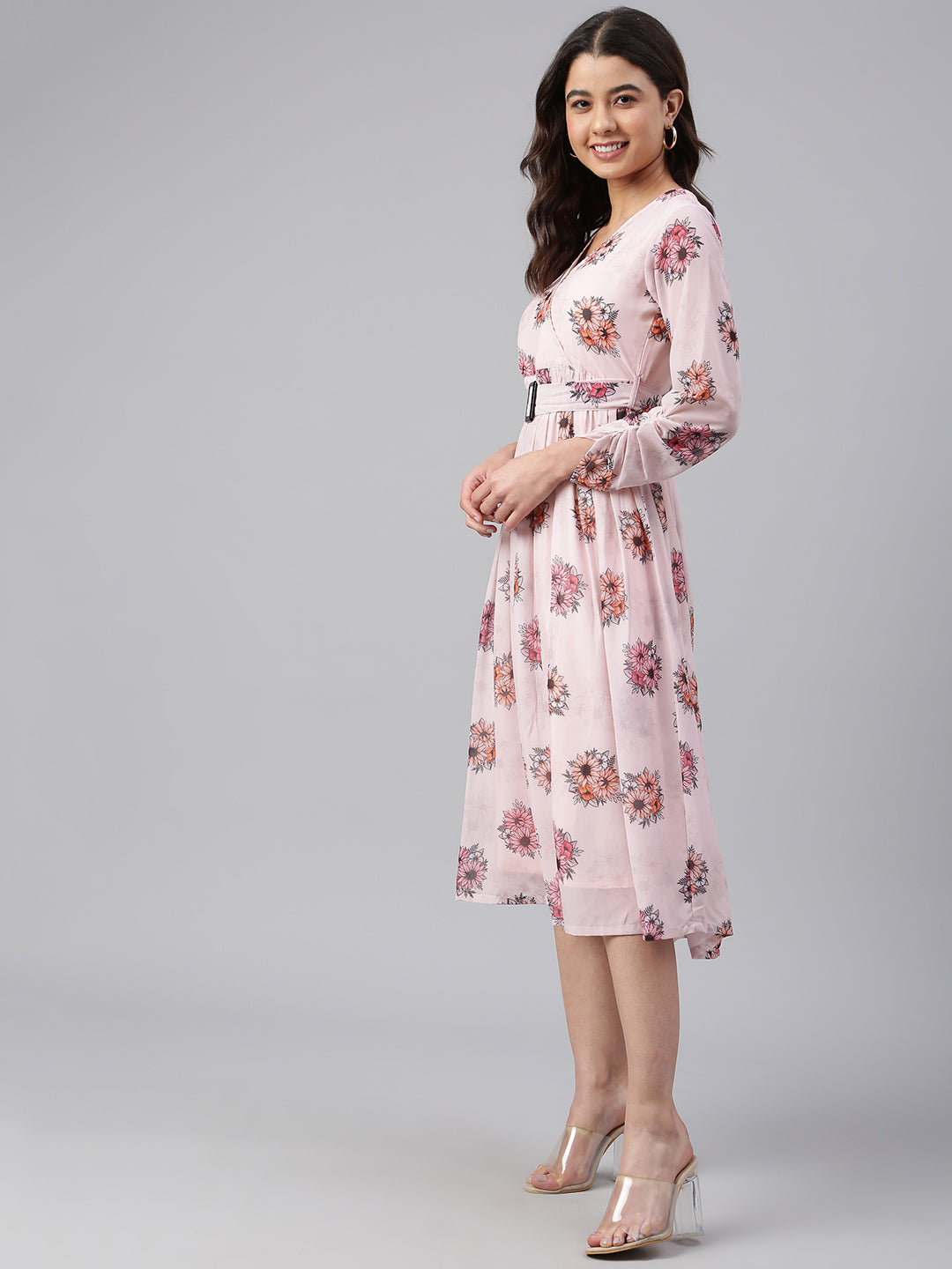 Women's Floral Printed Peach Georgette Dress - Janasya USA
