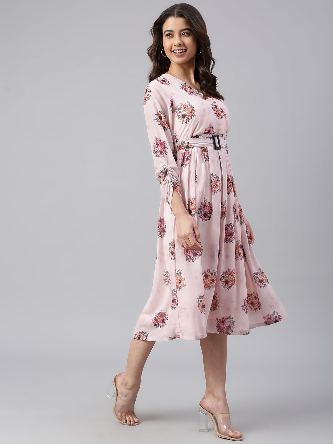 Women's Floral Printed Peach Georgette Dress - Janasya USA
