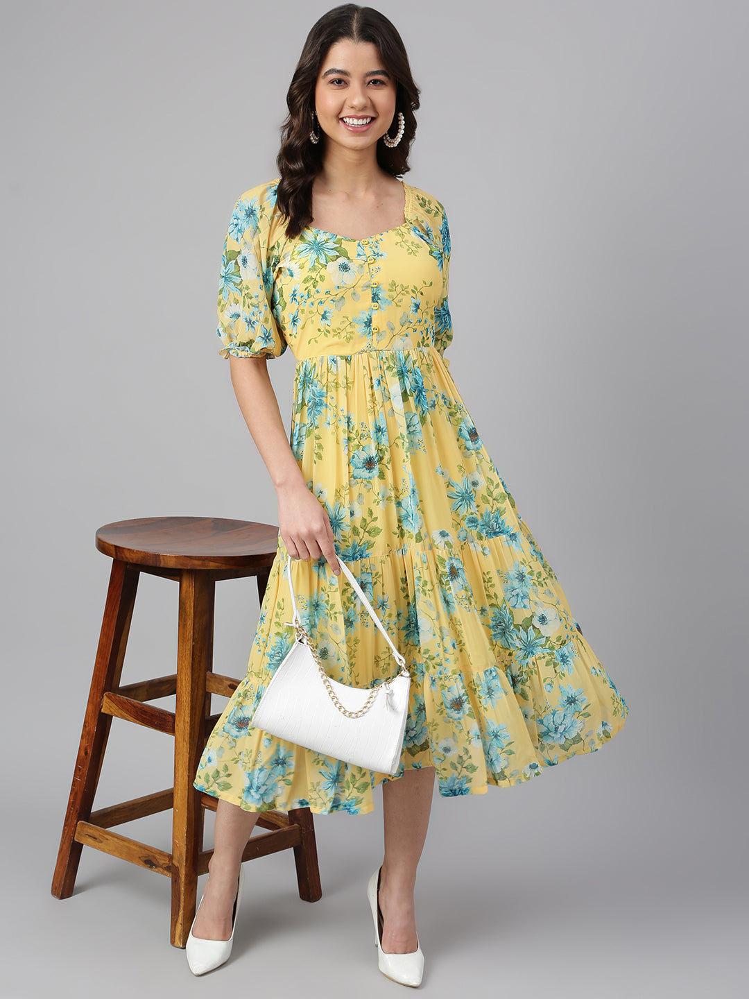 Women's Floral Printed Yellow Georgette Dress - Janasya USA