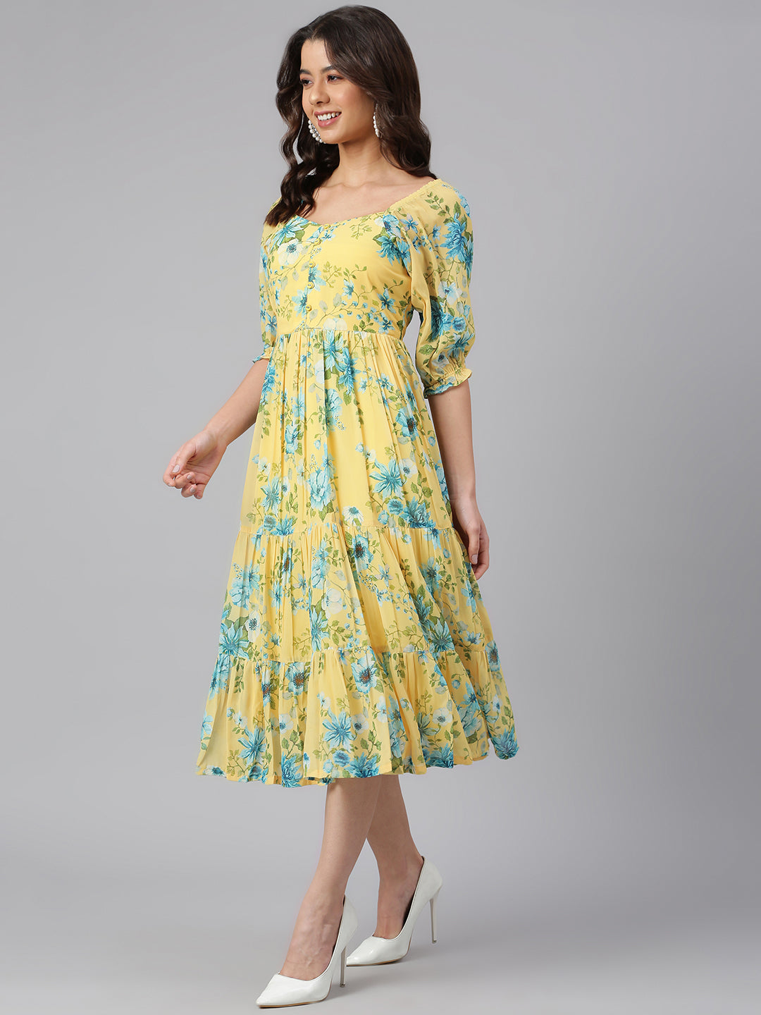 Women's Floral Printed Yellow Georgette Dress - Janasya USA