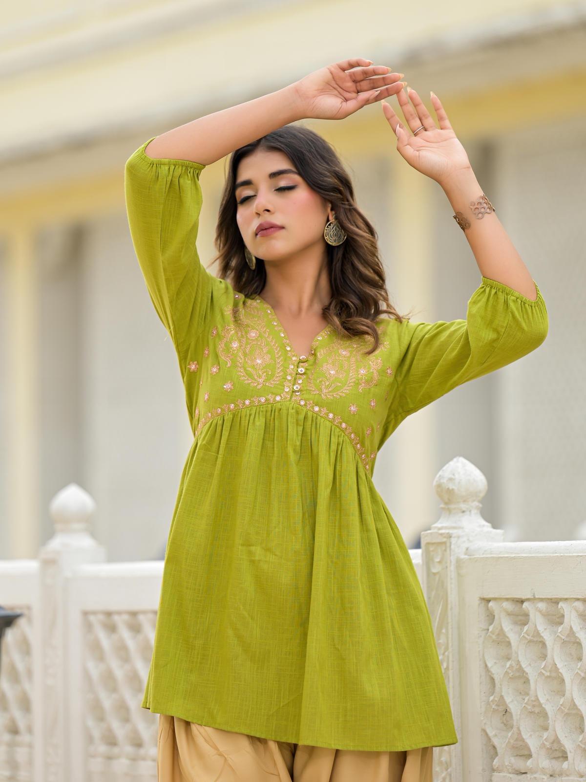 Juniper Women Gold Ethnic Motif Printed Cotton Top And Pant Co-Ord Set With Zari Work - M / Green Juniper Women Gold Ethnic Motif Printed Cotton Top And Pant Co-Ord Set With Zari Work - M / Green