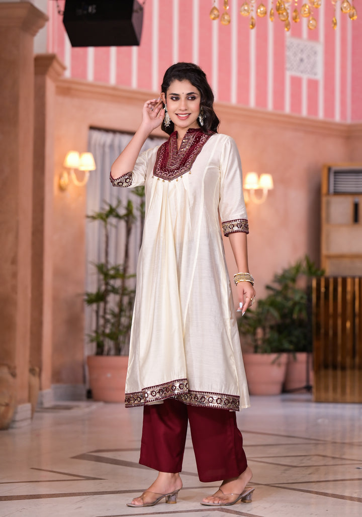Women's Ivory Chanderi Solid Kurta Set