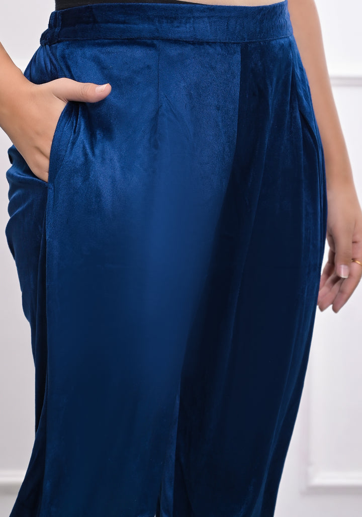 Women's Blue Velvet Embroidered Kurta Set