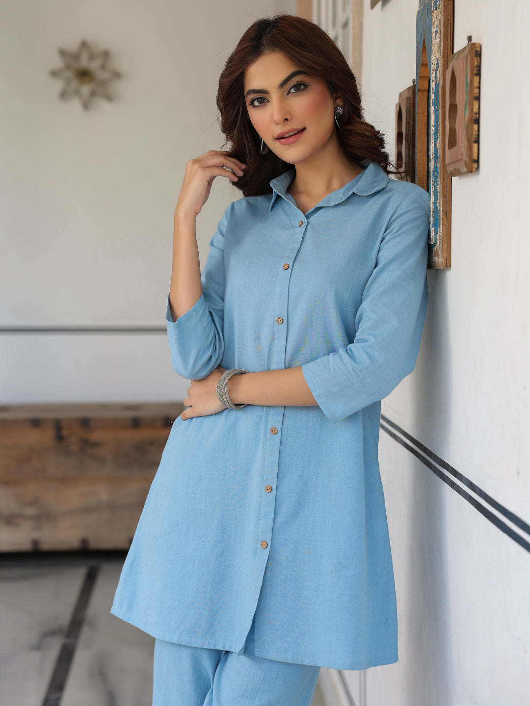 Light Blue Cotton Solid A-line Co-ord Set - Powder Blue / S Light Blue Cotton Solid A-line Co-ord Set - Powder Blue / S