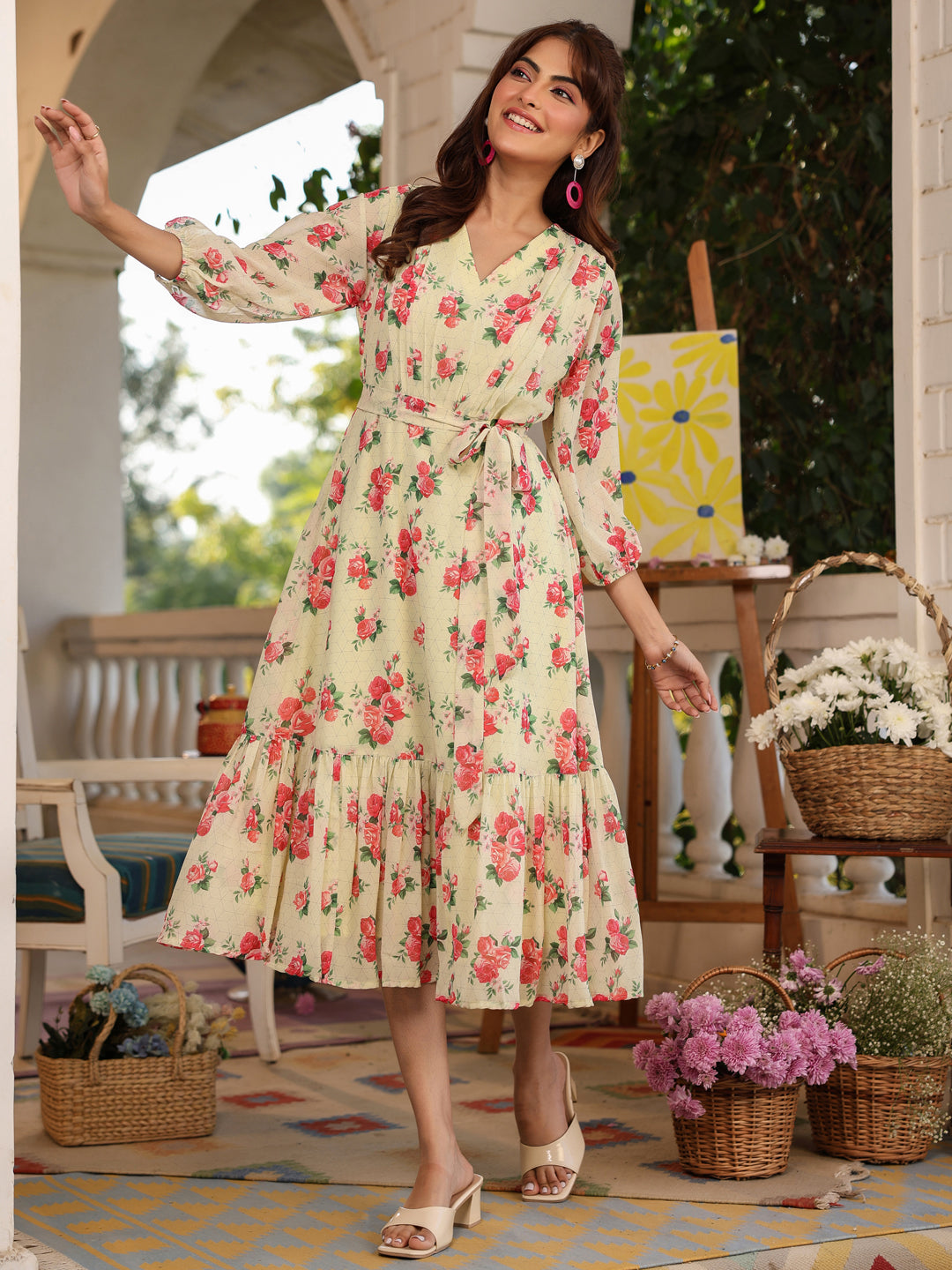 Women's Light Yellow Georgette Floral Three Quarter Sleeves Dress Yellow / XL Women's Light Yellow Georgette Floral Three Quarter Sleeves Dress Yellow / XL