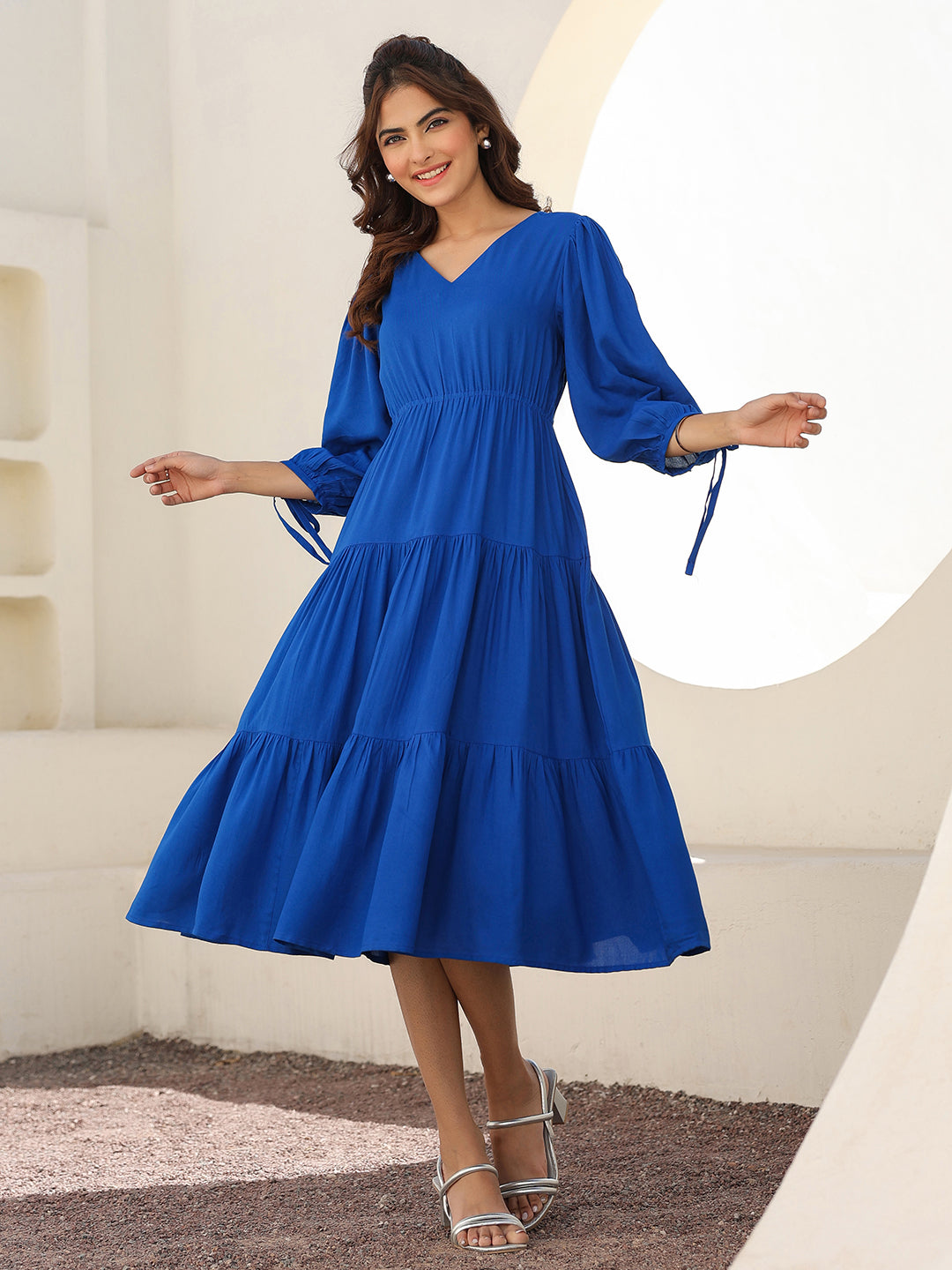 Women's Royal Blue Rayon Solid Three Quarter Sleeves Dress Blue / XL | Trendia Global Women's Royal Blue Rayon Solid Three Quarter Sleeves Dress Blue / XL | Trendia Global