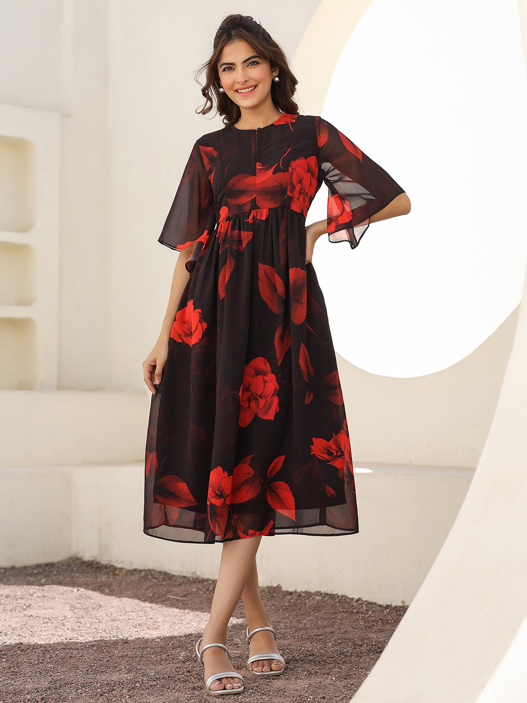 Women's Black Georgette Floral Short Sleeves Dress Black / L