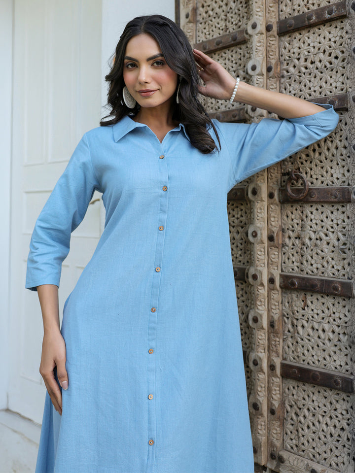 Women's Powder Blue A-Line Cotton Dress