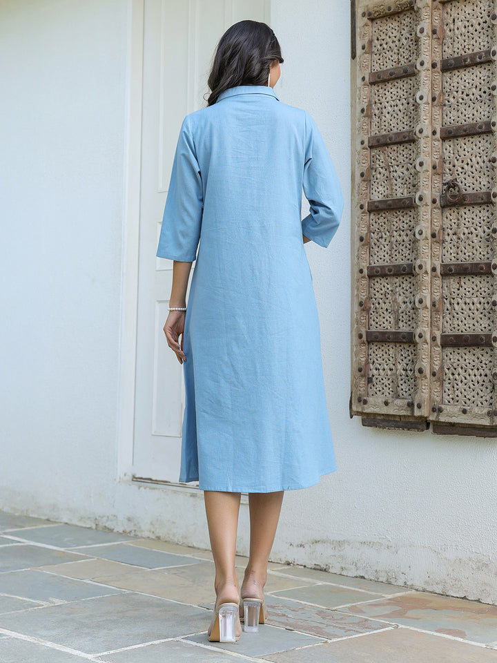 Women's Powder Blue A-Line Cotton Dress