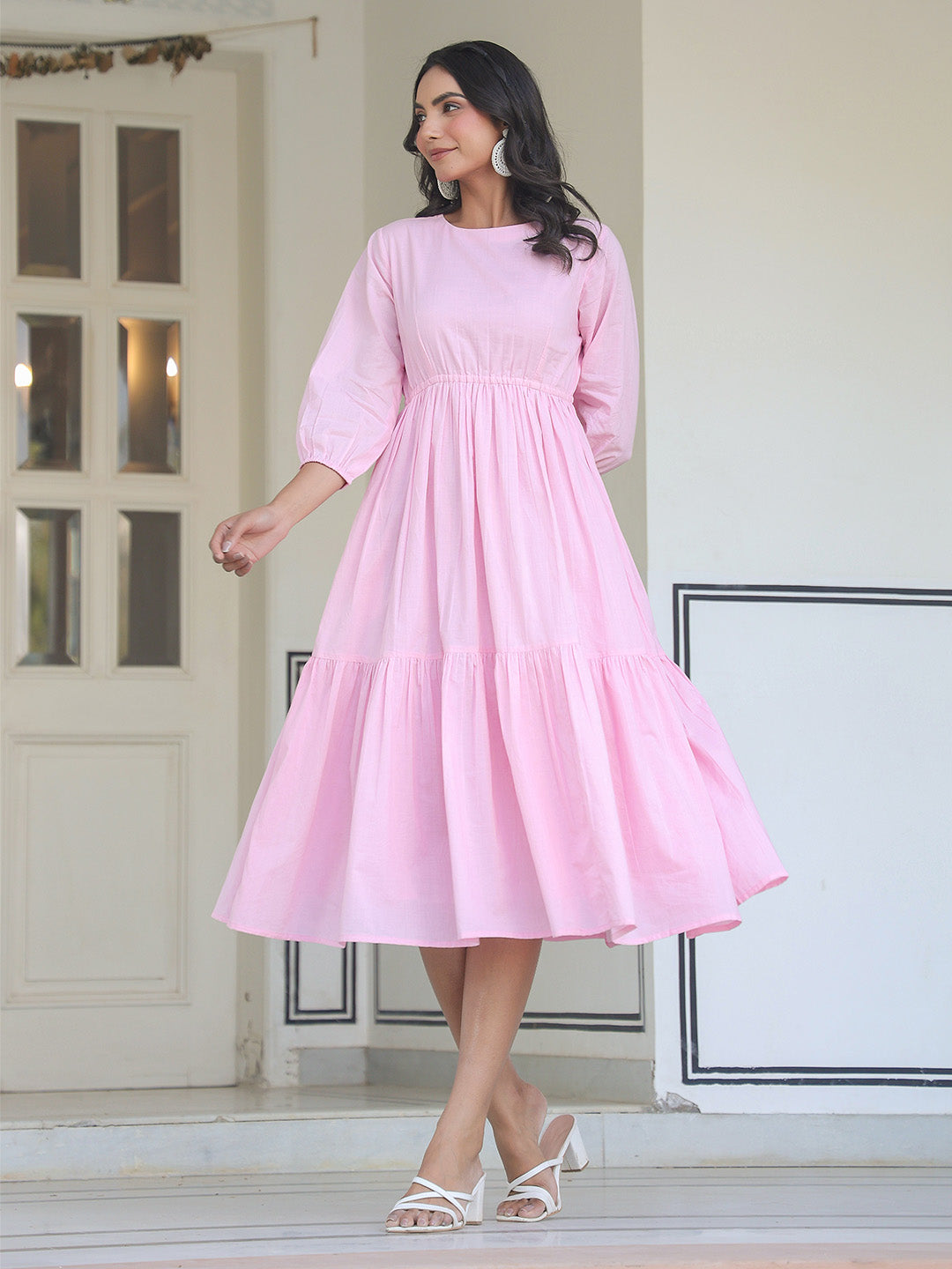 Light Pink Pure Cotton Solid Tiered Dress - Baby Pink / XS Light Pink Pure Cotton Solid Tiered Dress - Baby Pink / XS