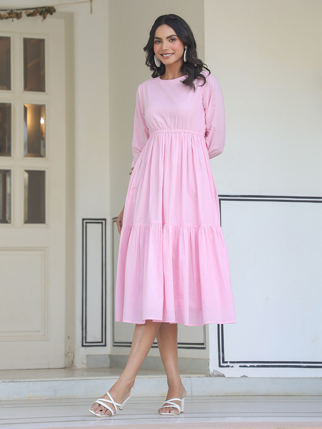 Light Pink Pure Cotton Solid Tiered Dress - Baby Pink / XS Light Pink Pure Cotton Solid Tiered Dress - Baby Pink / XS