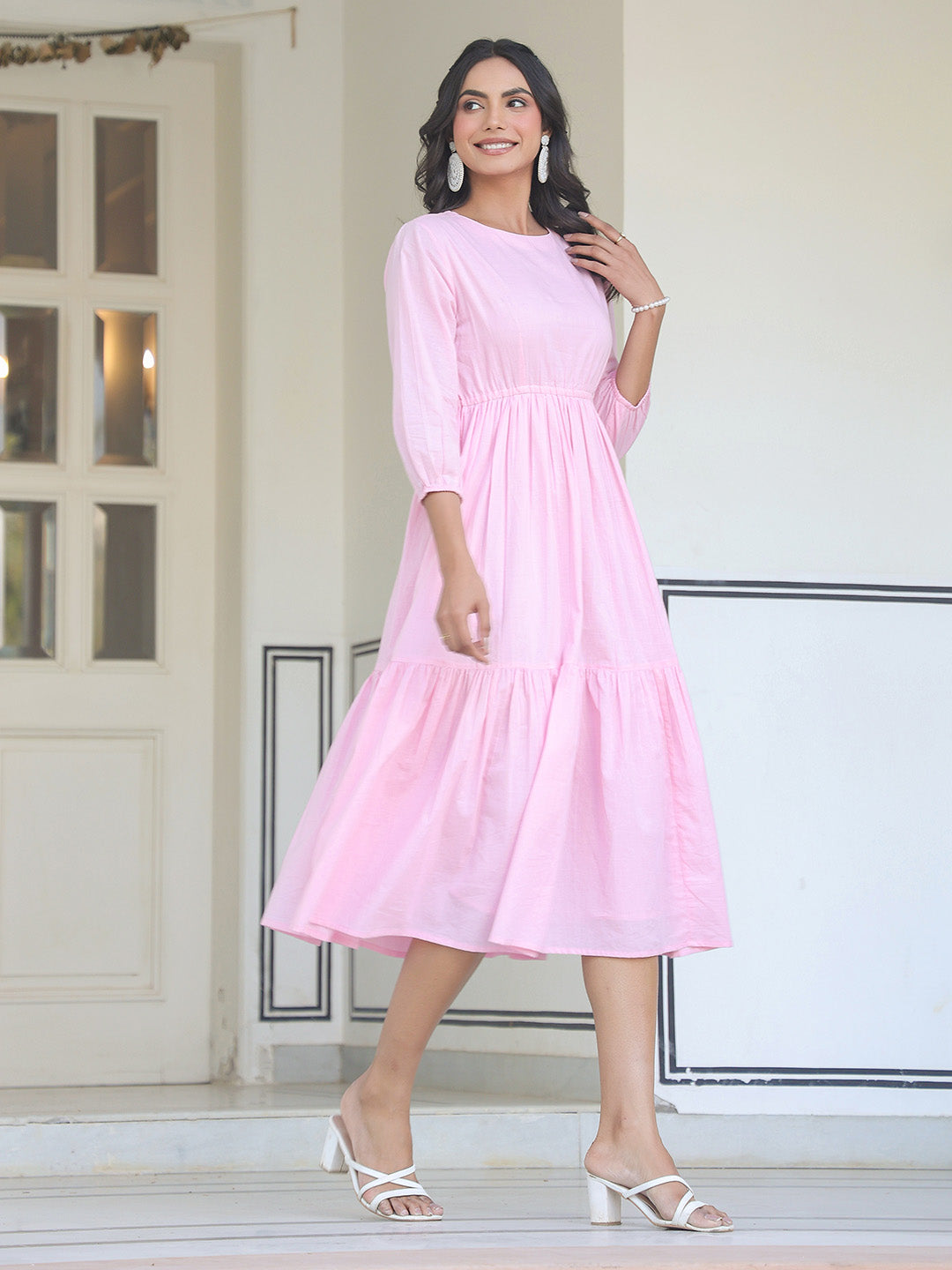 Women's Baby Pink Tiered Cotton Dress Trendia Women's Baby Pink Tiered Cotton Dress Trendia