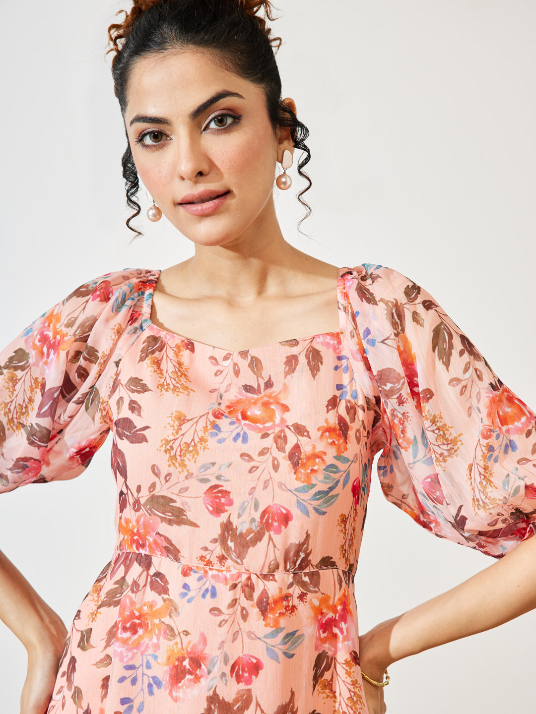 Janasya Women's Peach Chiffon Floral Printed A-line Dress