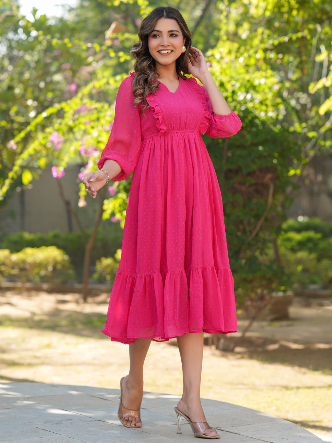 dobby chiffon dress Warehouse Women's Dobby Chiffon Tie Neck Drop Hem Mini Smock Dress in Rose