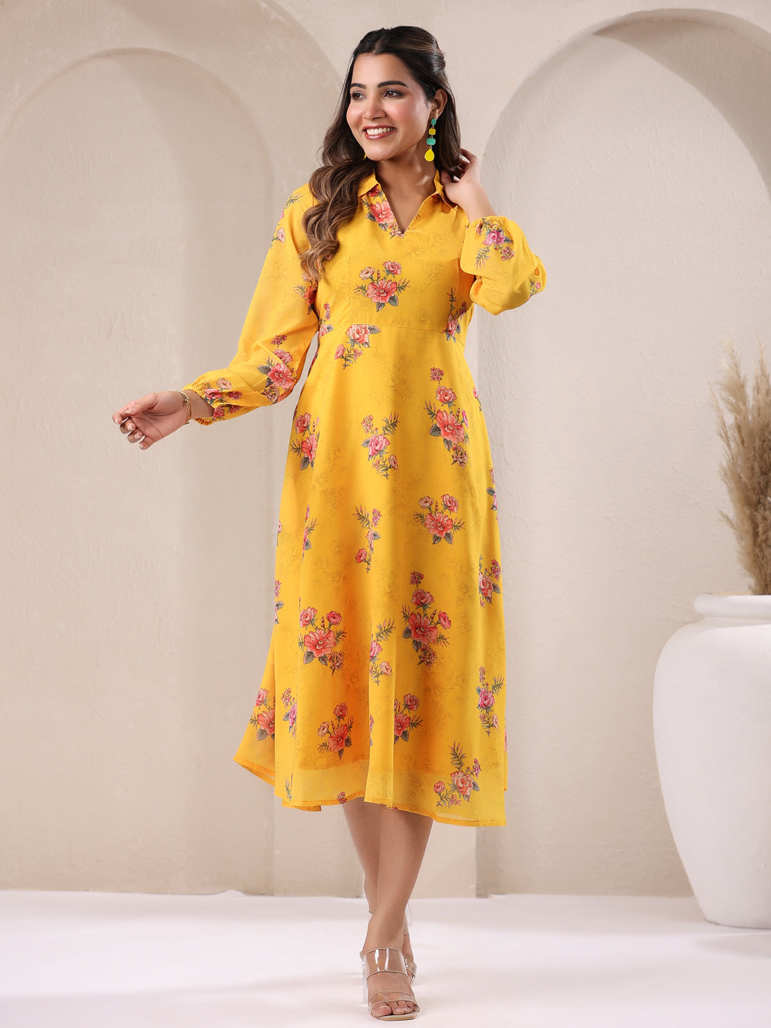 Women's Mustard A-Line Georgette Dress Mustard / M | Trendia Global Women's Mustard A-Line Georgette Dress Mustard / M | Trendia Global