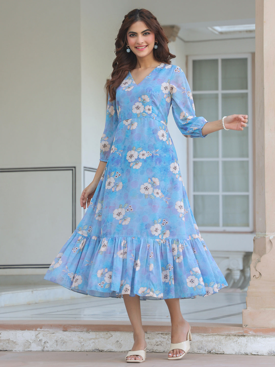 Blue Georgette Floral Printed A-line Dress - Blue / XS Blue Georgette Floral Printed A-line Dress - Blue / XS