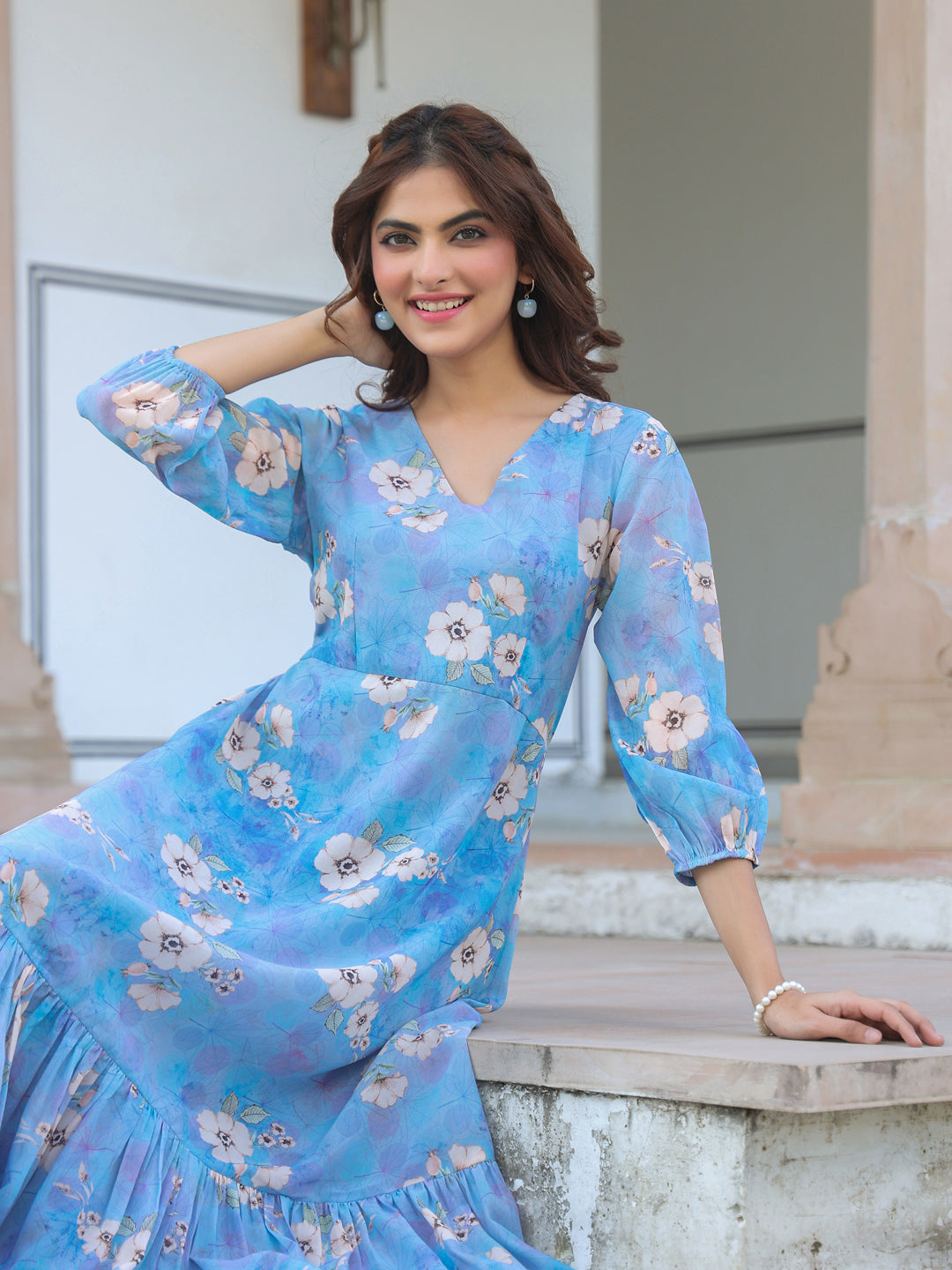 blue quarter sleeve dress Light Blue 3/4 Sleeve Midi Dress with Sweetheart Neckline for Wedding Guest, Birthday Party / Cocktail Dress Perfect for Fall Wedding Guest